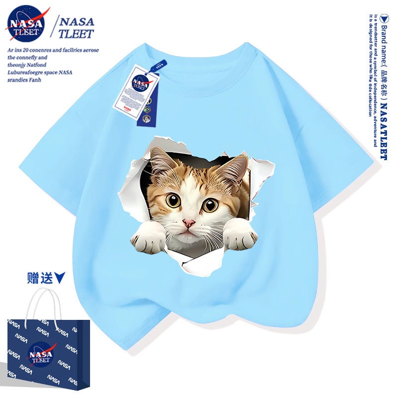 Nasa Short-Sleeved New Cartoon Cartoon Loose Casual Short-Sleeved Summer Men'S And Women'S Children'S Western Style Cat T-Shirt Trendy - Image 4