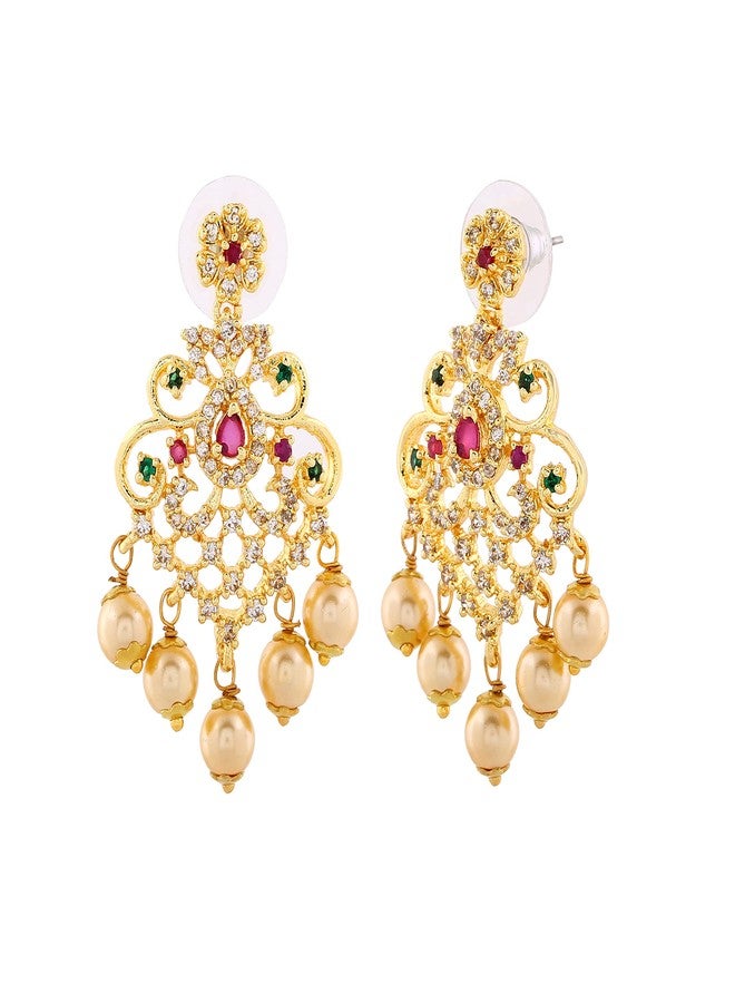 Estele Gold Plated CZ Majestic Earrings with Pearl & Multi Color Crystals for Women - Image 4