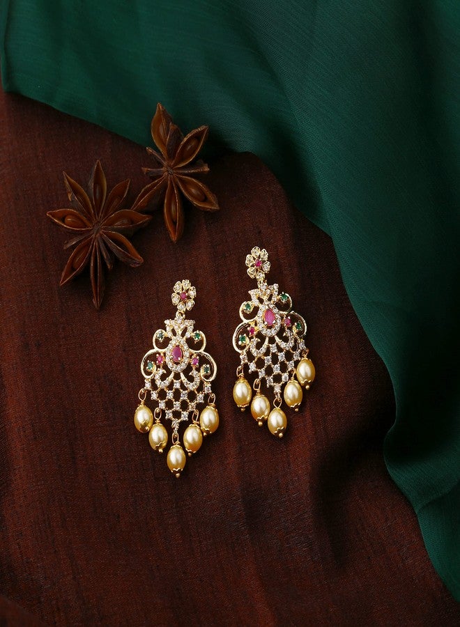 Estele Gold Plated CZ Majestic Earrings with Pearl & Multi Color Crystals for Women - Image 3