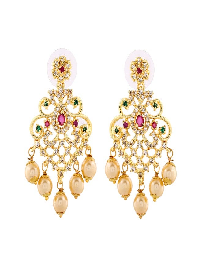 Estele Gold Plated CZ Majestic Earrings with Pearl & Multi Color Crystals for Women - Image 2