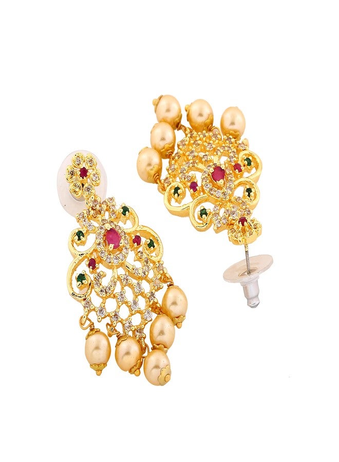 Estele Gold Plated CZ Majestic Earrings with Pearl & Multi Color Crystals for Women - Image 5