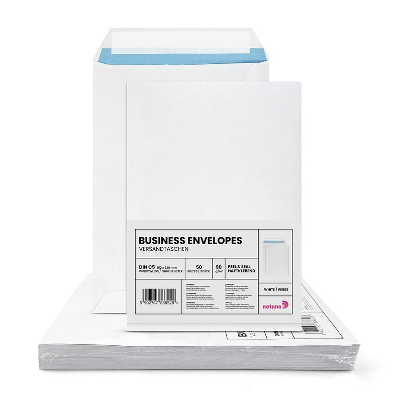 Netuno 50 Envelopes DIN C5 White 162 x 229 mm Straight Flap Adhesive without Window 90 g Commercial Envelopes