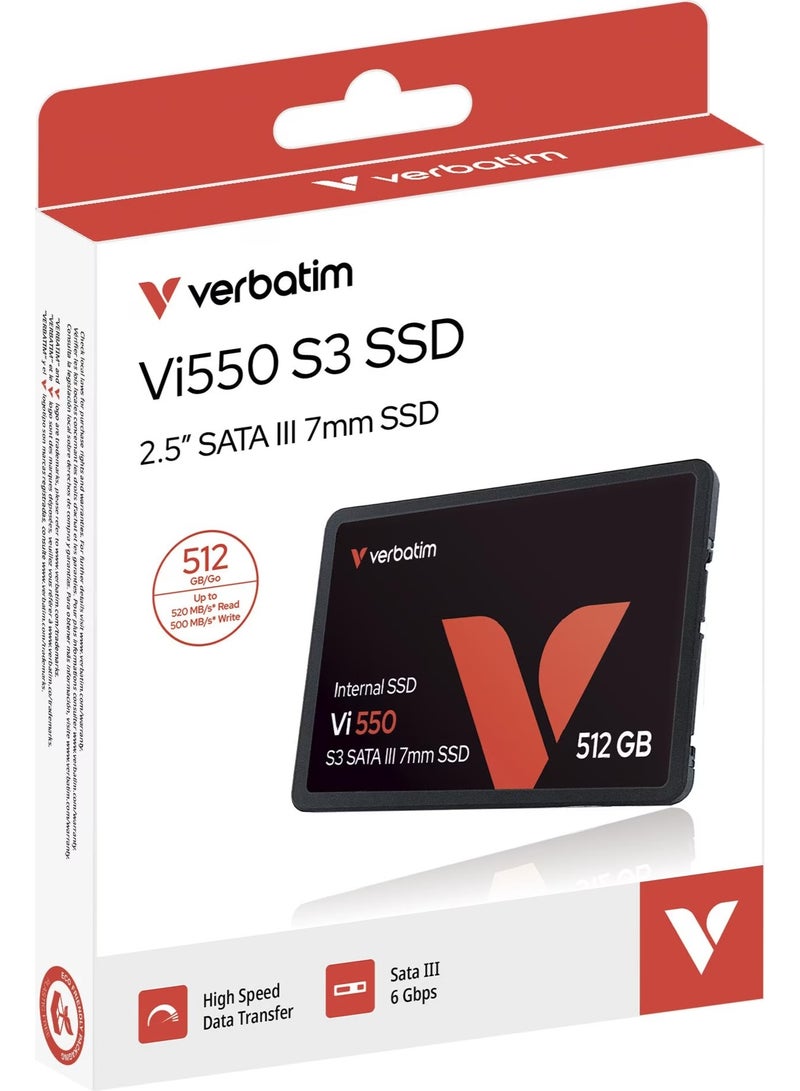 VERBATIM قرص صلب داخلي Verbatim Vi550 S3 - SSD سعة 512GB - محرك حالة صلبة - واجهة SATA III 2.5 بوصة - محرك SSD داخلي بتقنية NAND ثلاثية الأبعاد - SSD عالي الأداء 512GB - 500MB/s - أسود - Image 2