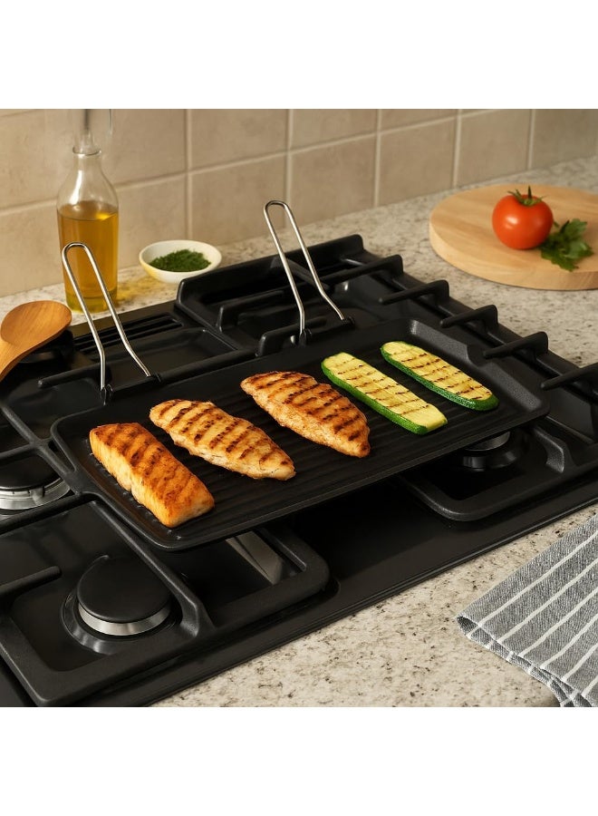 BS B&S Cast Iron Grill Pan 28x50cm – Heavy-Duty BBQ Grill with Grooved Surface – Durable Non-Stick Coating – Wooden Handle – Indoor/Outdoor Kitchen Accessory – Gas & Stove Compatible - Image 2
