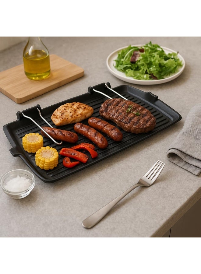 BS B&S Cast Iron Grill Pan 28x50cm – Heavy-Duty BBQ Grill with Grooved Surface – Durable Non-Stick Coating – Wooden Handle – Indoor/Outdoor Kitchen Accessory – Gas & Stove Compatible - Image 3