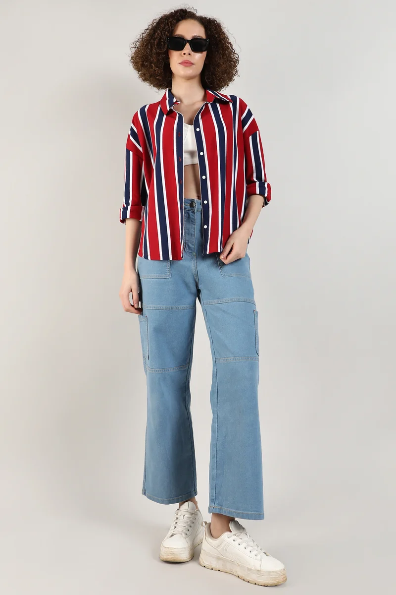 Campus Sutra Women's Crimson Red & Navy Blue Striped Boxy Shirt