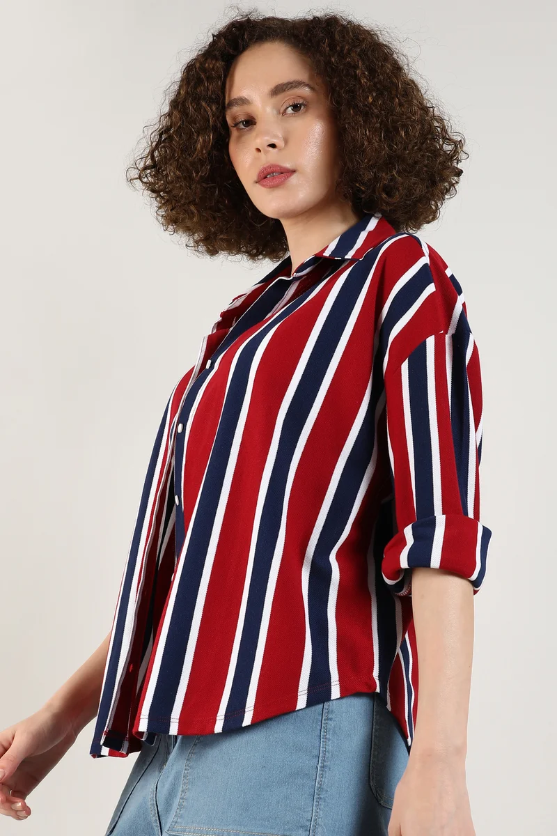 Campus Sutra Women's Crimson Red & Navy Blue Striped Boxy Shirt