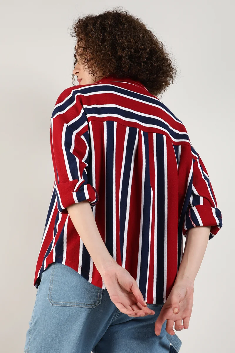 Campus Sutra Women's Crimson Red & Navy Blue Striped Boxy Shirt