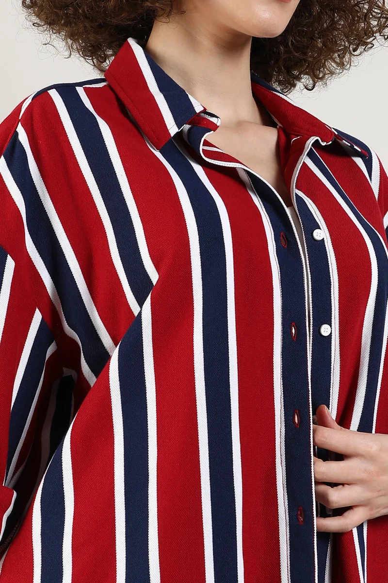 Campus Sutra Women's Crimson Red & Navy Blue Striped Boxy Shirt