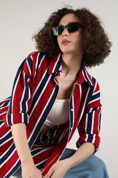 Campus Sutra Women's Crimson Red & Navy Blue Striped Boxy Shirt