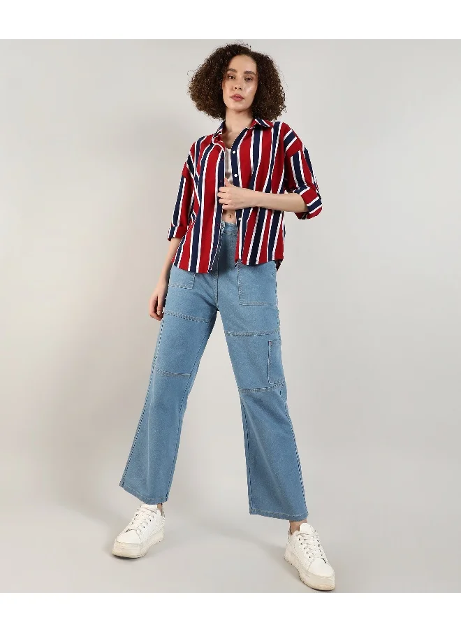 Campus Sutra Women's Crimson Red & Navy Blue Striped Boxy Shirt