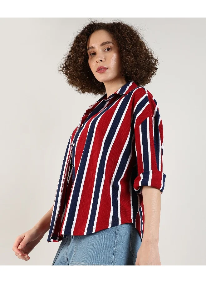 Campus Sutra Women's Crimson Red & Navy Blue Striped Boxy Shirt