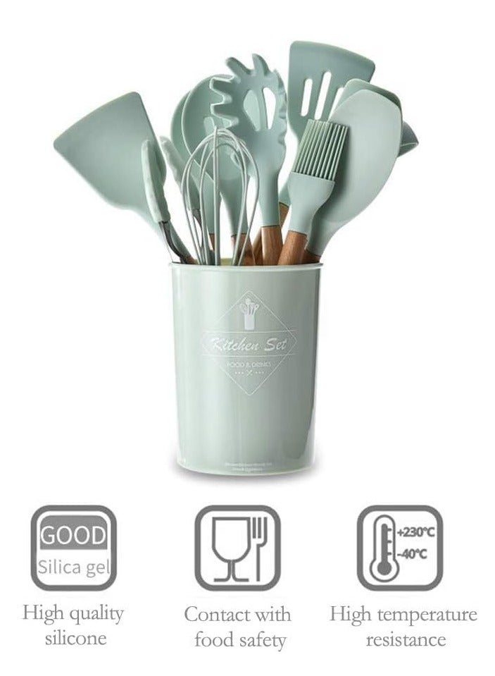 ELTRAZONE Silicone Cooking Kitchen 11PCS Wooden Utensils Tool for Nonstick Cookware,Cooking Utensils Set with Bamboo Wood Handles for Nonstick Cookware，Non Toxic Turner Tongs Spatula Spoon Set  - Image 3