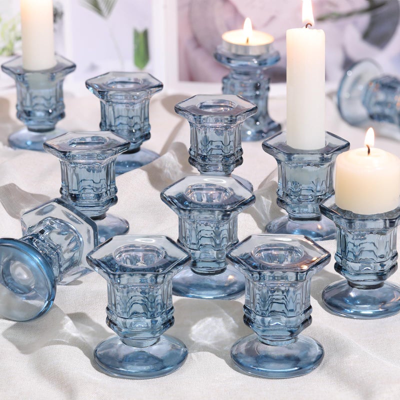 Lanttu Blue Candlestick Holders Bulk, 12 Pcs Glass Candle Holders Set,Crystal Taper Candle Holder for Wedding, Table Centerpiece, Home Decoration - Image 1