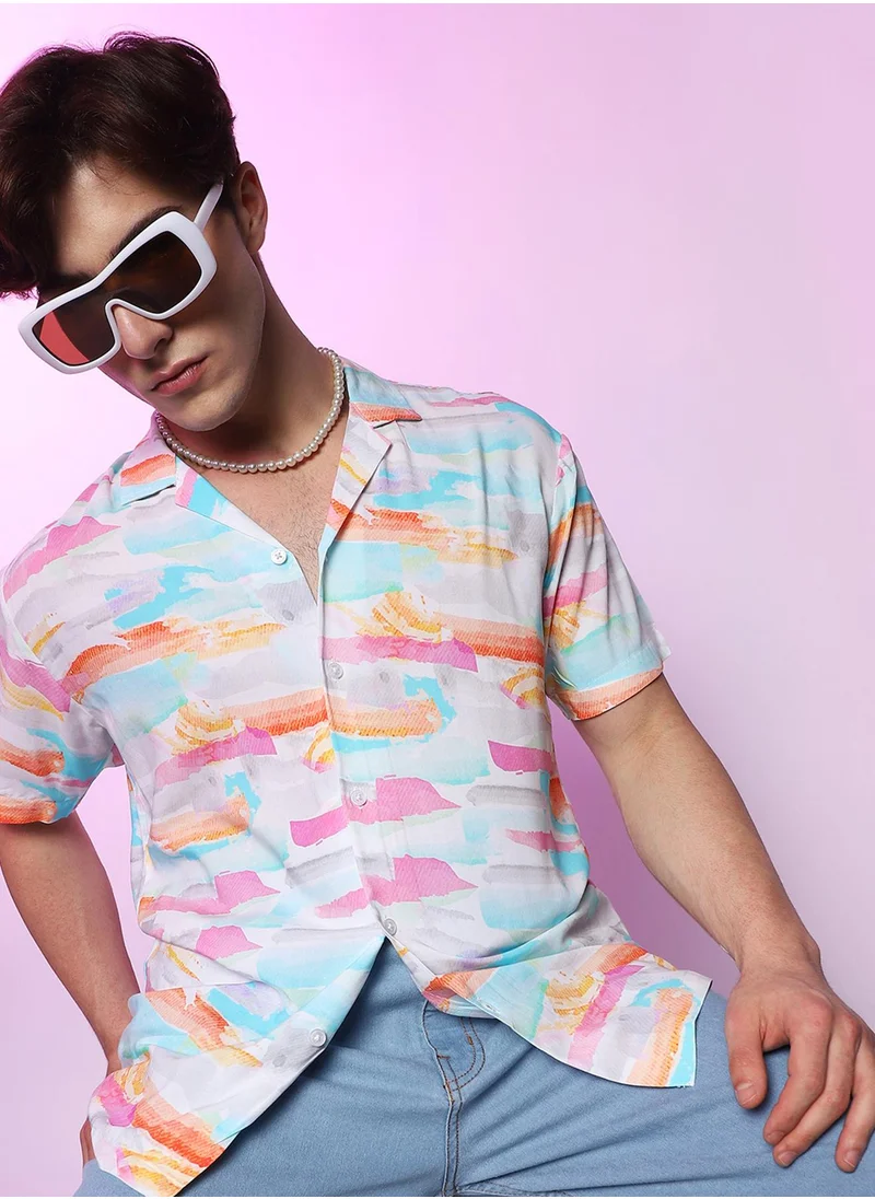 Campus Sutra Campus Sutra Men's Multicolour Water Strokes Shirt For Casual Wear | Spread Collar | Short Sleeve | Button Closure | Shirt Crafted With Comfort Fit For Casual Wear
