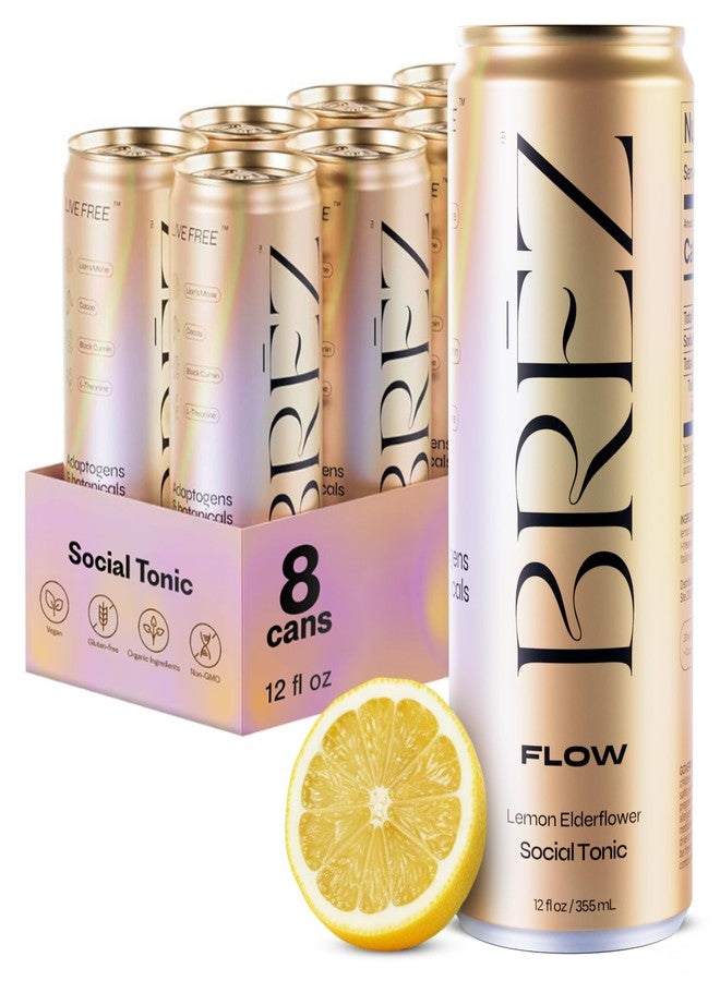 BREZ BRĒZ FLOW Lion’s Mane Mushroom Drink 8 Pack, Lemon Elderflower, Supports Mood & Focus, Non-Alcoholic Sparkling Adaptogen Drink, Functional Mushrooms, Feel Clear, Calm & Refreshed- 12 Fl oz Cans - Image 1