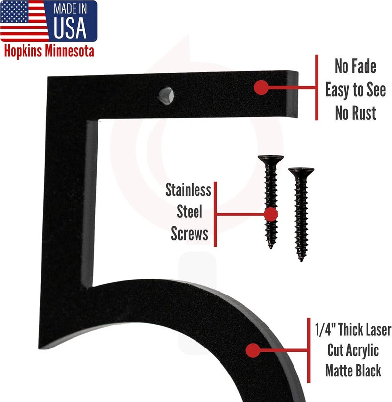 Discovered Designs 6" (5) Modern Address House Numbers for Outside - Easy to Install 3D Matte Black Acrylic Individual Numbers for Address on House, Weatherproof No Rust, Made in USA, Includes 2 - 3/4" Screws, Door Mailbox Number Home Address Number - Image 4