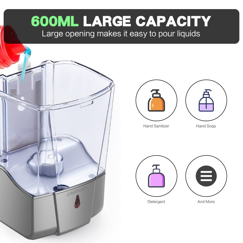 interhasa! Soap Dispenser, Touchless Hand Sanitizer Dispenser Wall Mount 600ml Automatic Kitchen Soap Dispenser for Commercial Home, Office (Silver) - Image 4