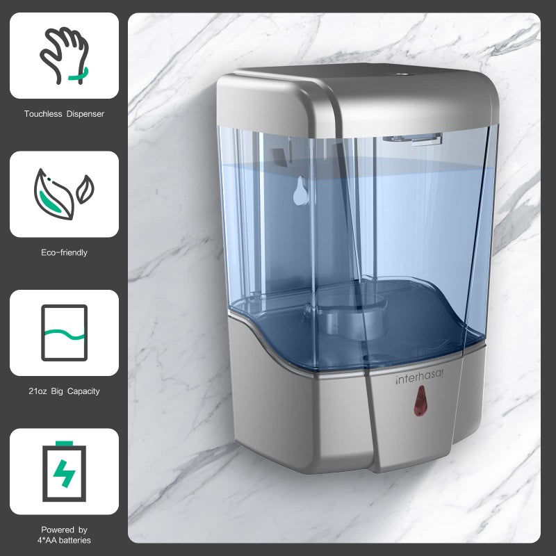 interhasa! Soap Dispenser, Touchless Hand Sanitizer Dispenser Wall Mount 600ml Automatic Kitchen Soap Dispenser for Commercial Home, Office (Silver) - Image 2