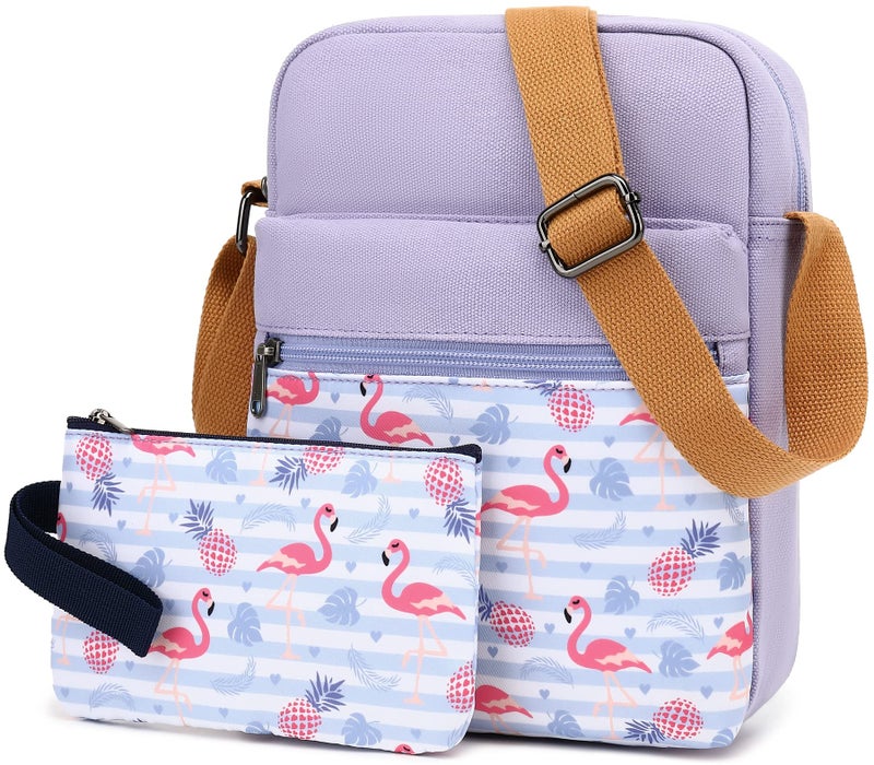 Leaper Girls Crossbody Purses 2 PCS Flamingo Messenger Bag Canvas Crossbody Bag and Purse Set for Women Purple - Image 2