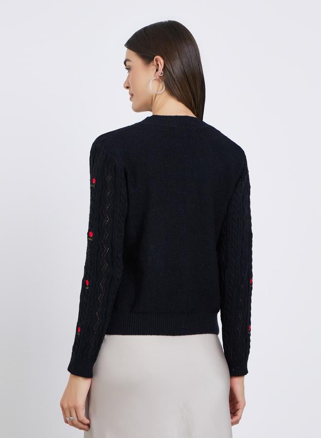 Styli Black Floral Embroidered Cable Knit Sweater - Image 5