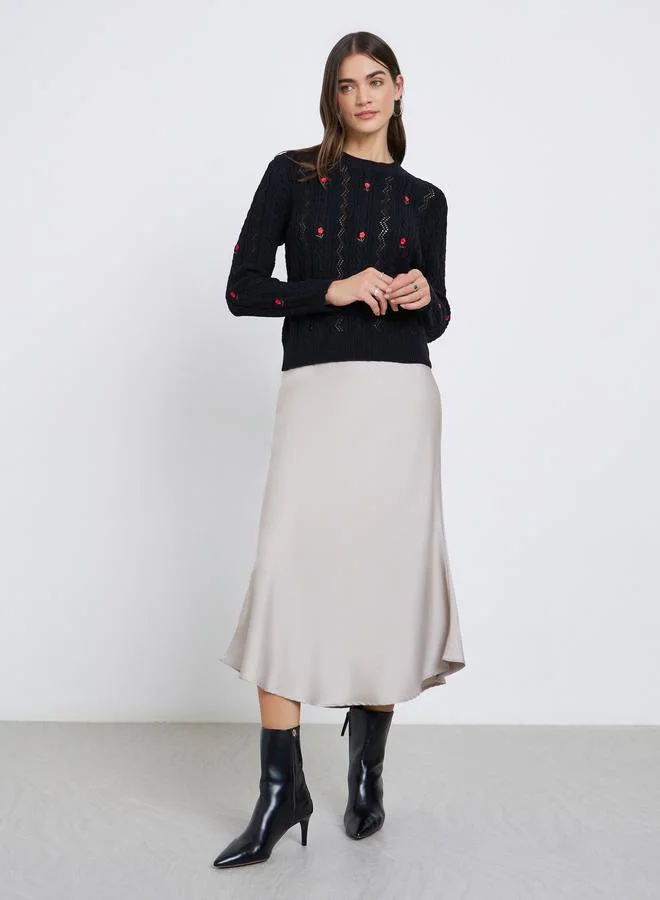 Styli Styli Black Floral Embroidered Cable Knit Sweater