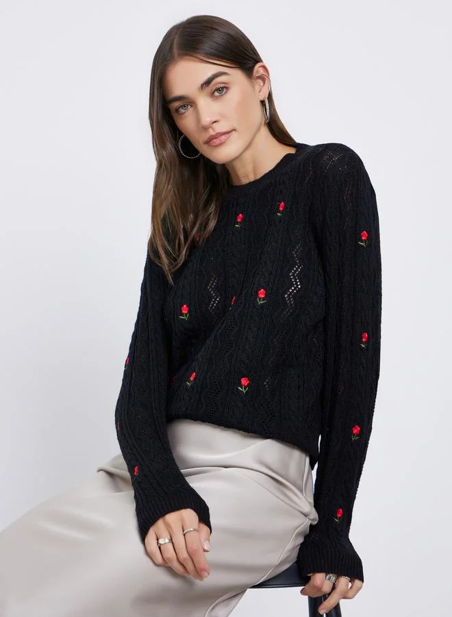 Styli Styli Black Floral Embroidered Cable Knit Sweater