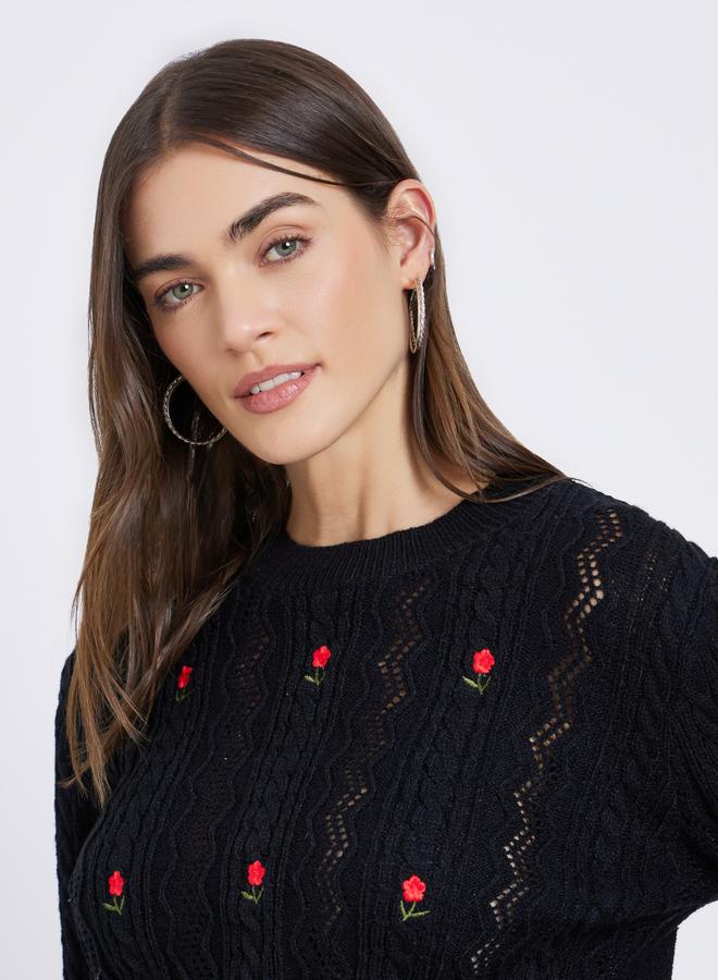 Styli Black Floral Embroidered Cable Knit Sweater - Image 4