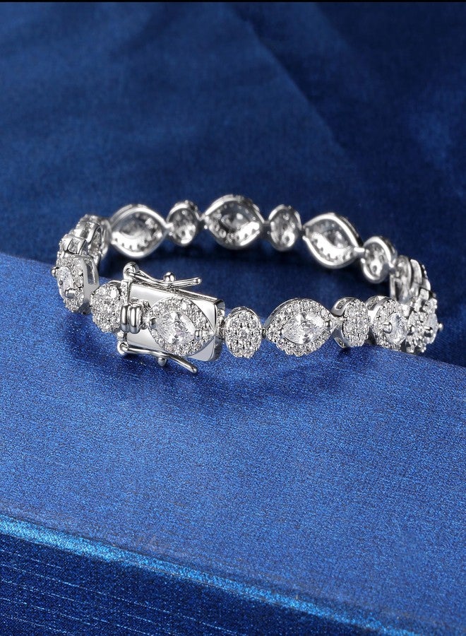 MDFUN Halo Tennis Bracelet for Women 18K White Gold Round and Eye Cubic Zirconias, Size 6 inches - Image 2