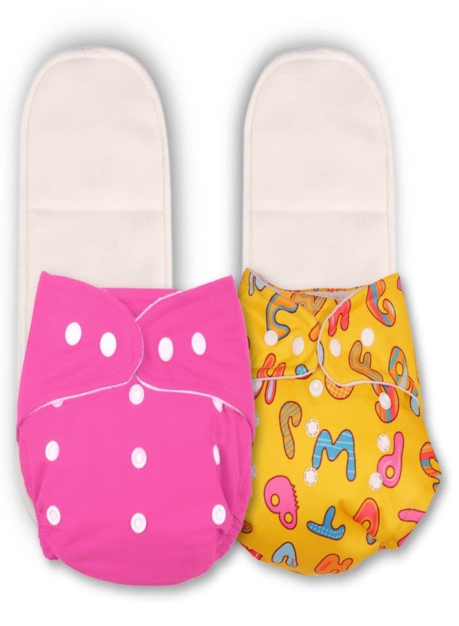 Deedry Baby Cloth Diapers Washable & Reusable Diapers with Adjustable Snap Buttons 3 Months- 3 Years 1 Pink & 1 Print Diaper + 2 Inserts/Pads - Image 1