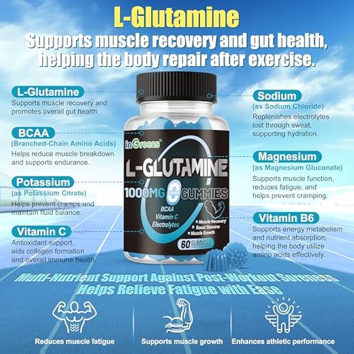 inGreens L-Glutamine Gummies 1000mg with BCAA, Potassium, Magnesium & Vitamin C, Muscle Recovery, Endurance Support & Daily Nutrition, Portable Supplement for Men＆Women, Lime Grapefruit Flavor, 60 Count - Image 5