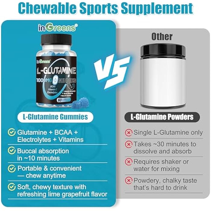 inGreens L-Glutamine Gummies 1000mg with BCAA, Potassium, Magnesium & Vitamin C, Muscle Recovery, Endurance Support & Daily Nutrition, Portable Supplement for Men＆Women, Lime Grapefruit Flavor, 60 Count - Image 4