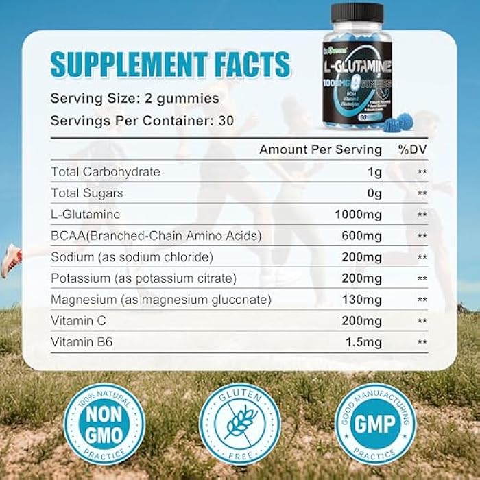 inGreens L-Glutamine Gummies 1000mg with BCAA, Potassium, Magnesium & Vitamin C, Muscle Recovery, Endurance Support & Daily Nutrition, Portable Supplement for Men＆Women, Lime Grapefruit Flavor, 60 Count - Image 3