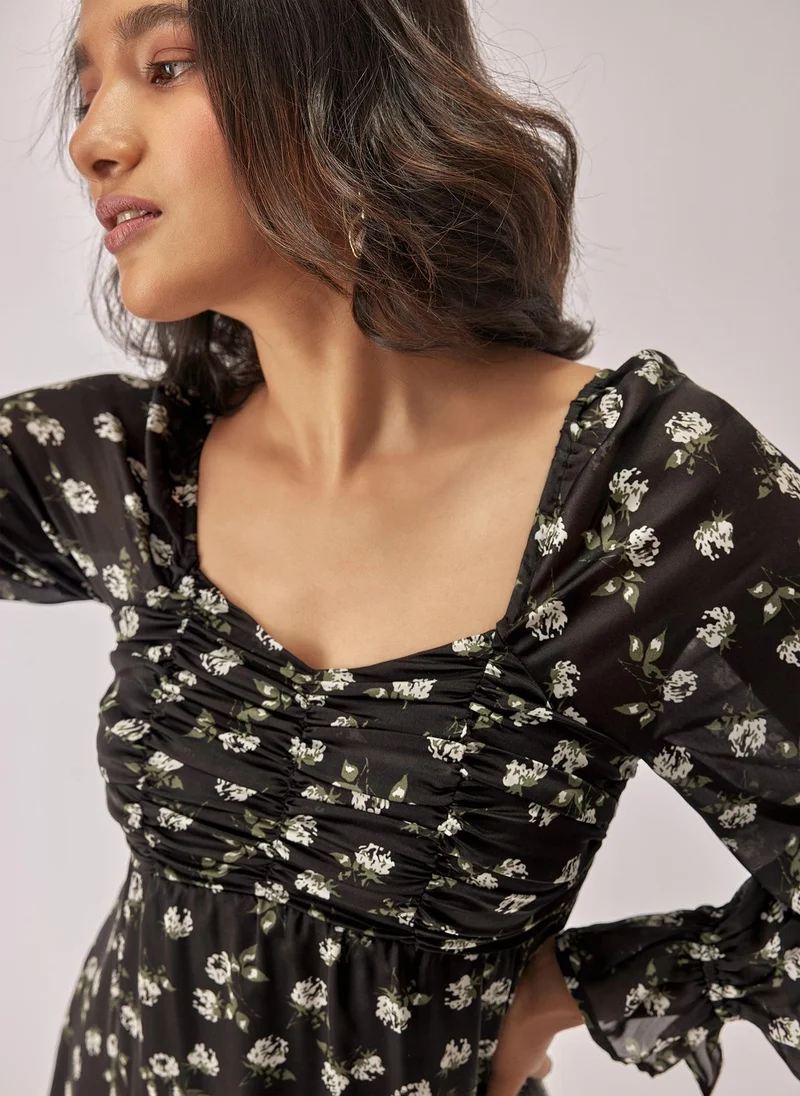 The Label Life The Label Life Women's Floral Chiffon Dress - Black With White Floral Print