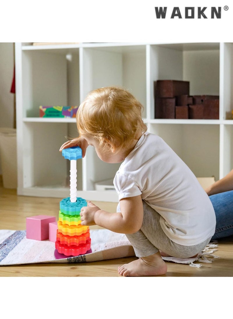 WAOKN - Baby's Spinning Stacking Rainbow Tower, Safe Non-Toxic ABS Material, Dual-Color Spinning Wheel Design, Parent-Child Early Education Educational Toy, Exercise Hand Coordination Ability - Image 1