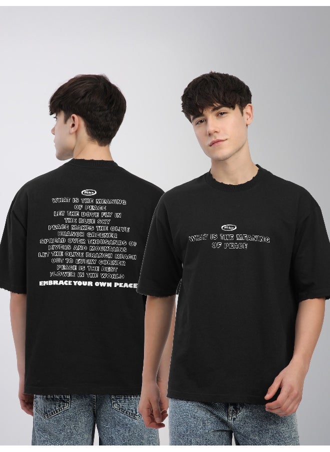 Beyoung Black Peace Printed Ribbed Edge Oversized T-Shirt  - Image 5