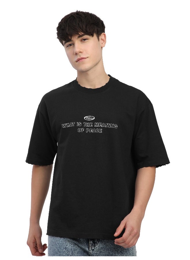 Beyoung Black Peace Printed Ribbed Edge Oversized T-Shirt  - Image 1