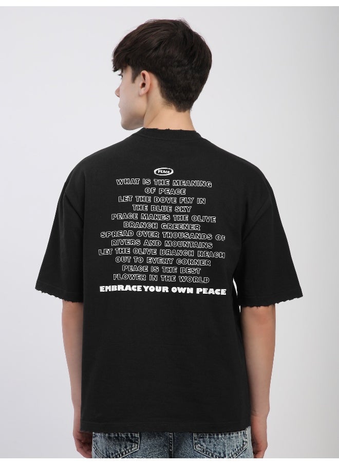 Beyoung Black Peace Printed Ribbed Edge Oversized T-Shirt  - Image 2