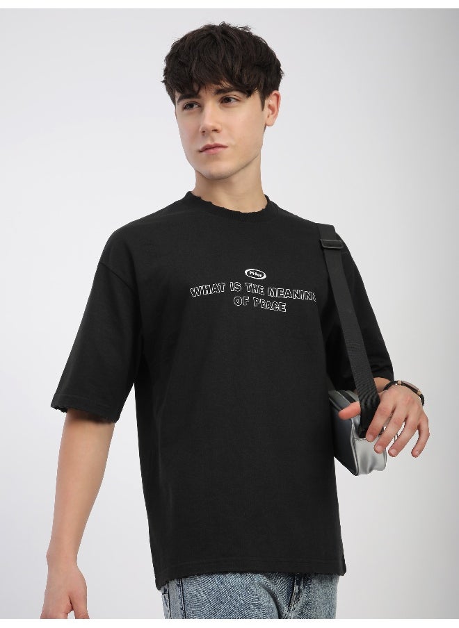 Beyoung Black Peace Printed Ribbed Edge Oversized T-Shirt  - Image 3