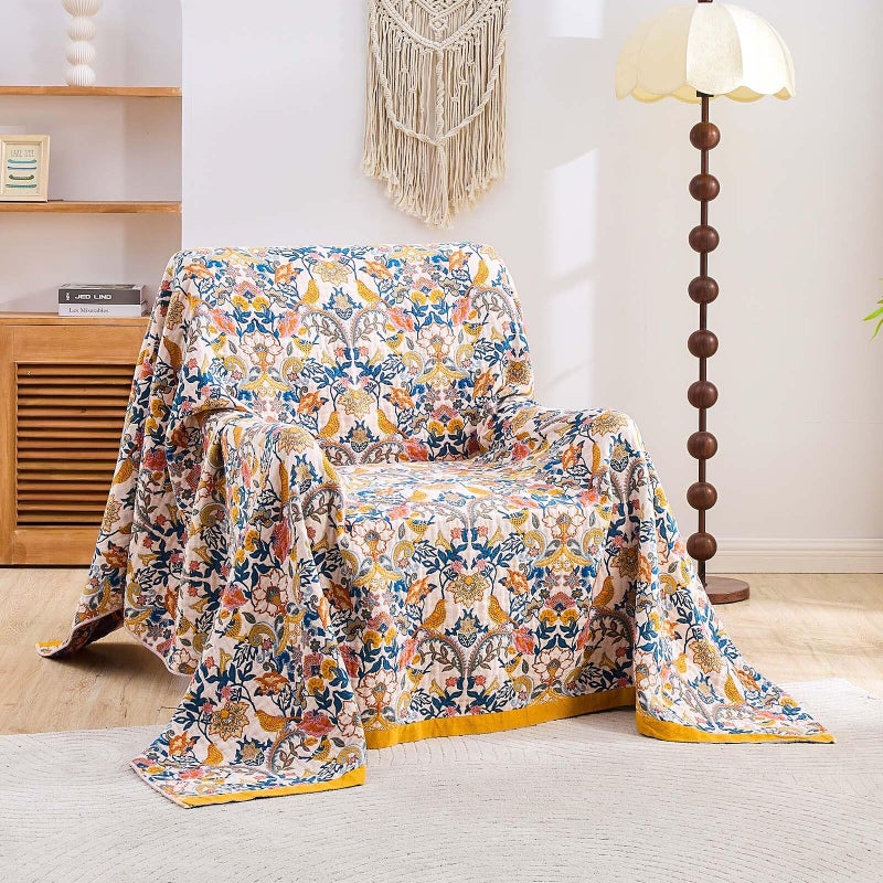 XIBLC Boho Blanket Throw Quilt, 100% Cotton Soft Light Weight Throw Blankets for Summer, 60"x80" Farmhouse Flower Decorative Blankets, All Season Rustic Reversible Bohemian Throw Quilt - Image 2