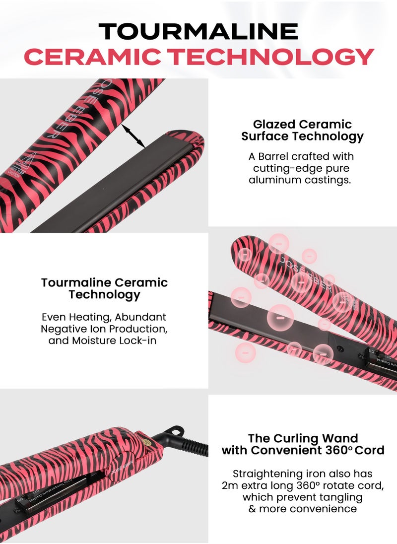 JOSE EBER Pure Ceramic Flat Iron - Frizz-Free Styling Hair Straightener For Salon-Quality Results- Dual Voltage Travel Iron Pink Zebra  - Image 5
