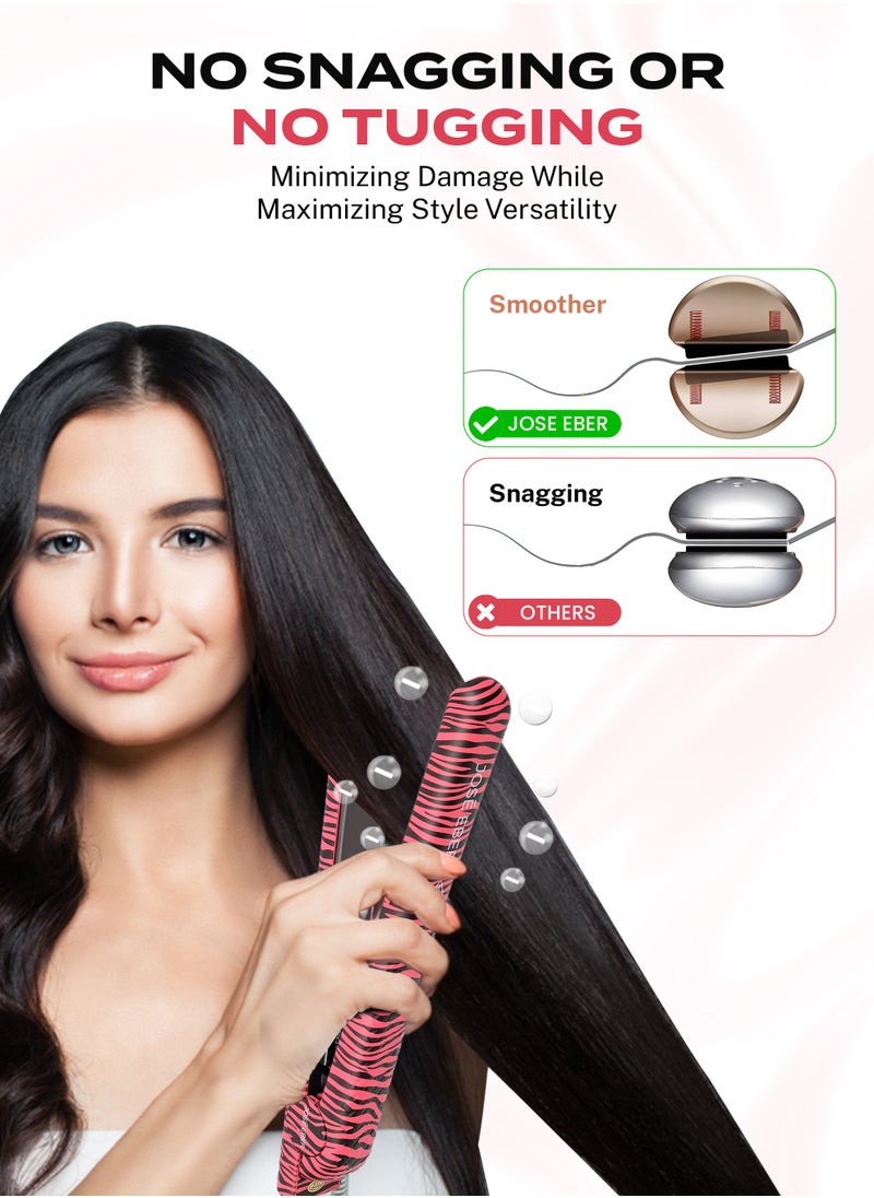 JOSE EBER Pure Ceramic Flat Iron - Frizz-Free Styling Hair Straightener For Salon-Quality Results- Dual Voltage Travel Iron Pink Zebra  - Image 4