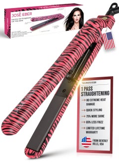 JOSE EBER Pure Ceramic Flat Iron - Frizz-Free Styling Hair Straightener For Salon-Quality Results- Dual Voltage Travel Iron Pink Zebra  - Image 1