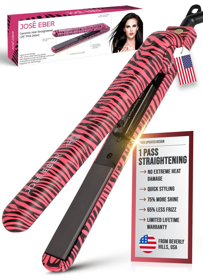 JOSE EBER Pure Ceramic Flat Iron - Frizz-Free Styling Hair Straightener For Salon-Quality Results- Dual Voltage Travel Iron Pink Zebra  - Image 1
