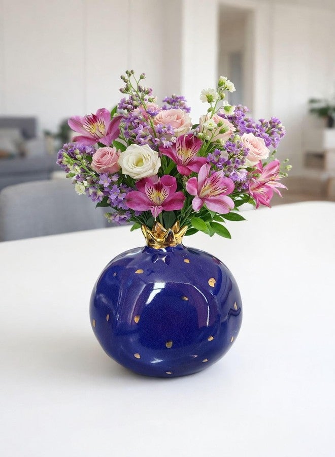 Mirakii Handmade Blue Ceramic Bud Vase with Golden Dots - 10 cm Decorative Small Flower Vase for Home Décor, Table Centerpiece, Living Room, Office Desk & Gift - Image 2