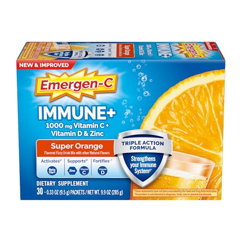 Emergen-C Immune+ Triple Action Immune Support Powder, BetaVia (R), 1000mg Vitamin C, B Vitamins, Vitamin D and Antioxidants, Super Orange, Back to School Essentials – 30 Count - Image 1