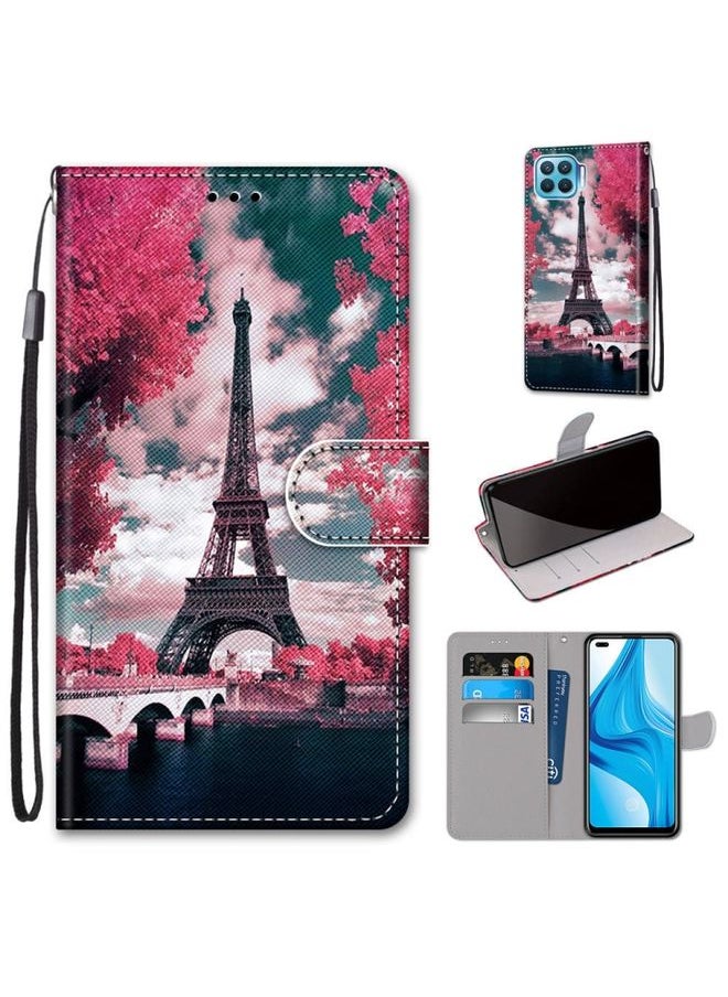 HuHa Case Cover For OPPO F17 Pro / A93 4G / Reno4 Lite / Reno4 F Coloured Drawing Cross Texture Horizontal Flip PU Leather Case with Holder & Card Slots & Wallet & Lanyard Pink Flower Tower Bridge 