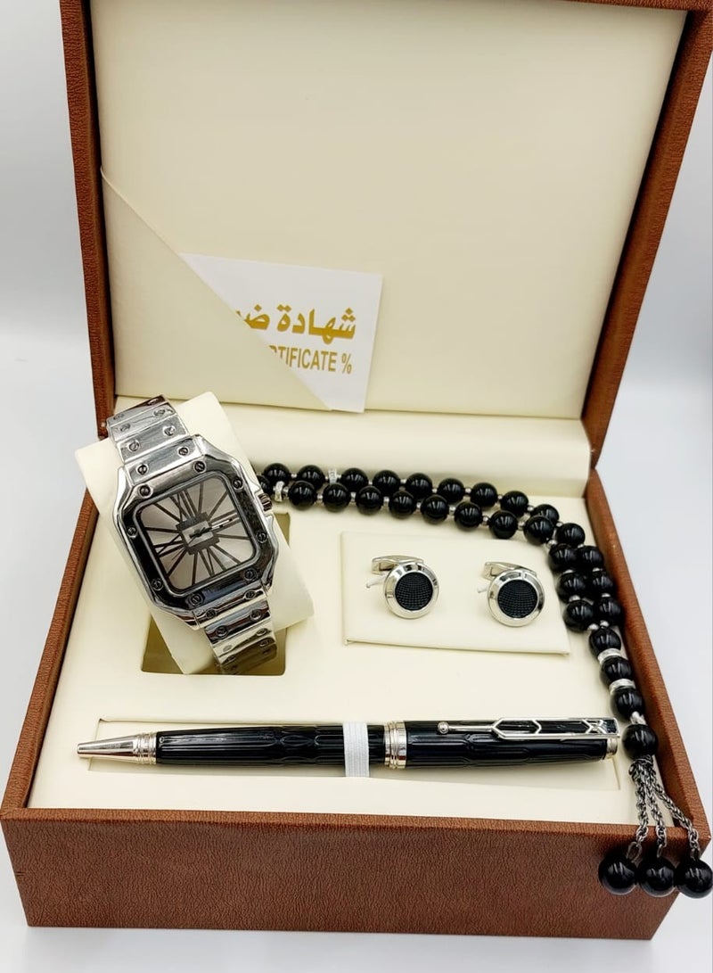 مونتيرا طقم رجالي مكون من ٤ قطع ساعة وقلم وكبك وسبحه