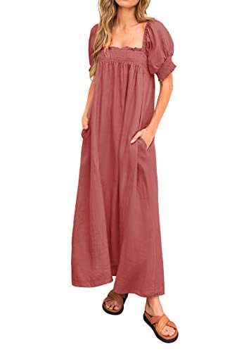 KIRUNDO Women 2025 Summer Maxi Dress Casual Loose Puff Sleeve Square Neck Maternity Flowy Long Beach Dresses with Pockets(Brick Red, Medium) - Image 1
