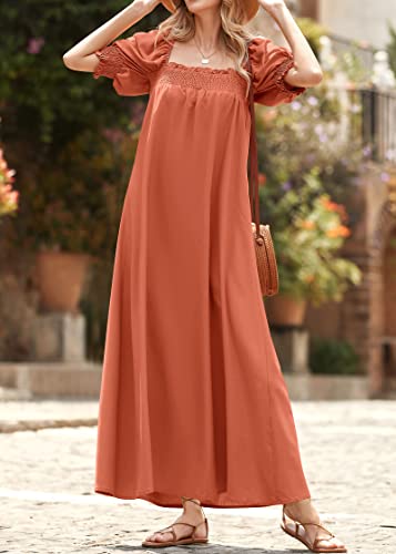 KIRUNDO Women 2025 Summer Maxi Dress Casual Loose Puff Sleeve Square Neck Maternity Flowy Long Beach Dresses with Pockets(Brick Red, Medium) - Image 4